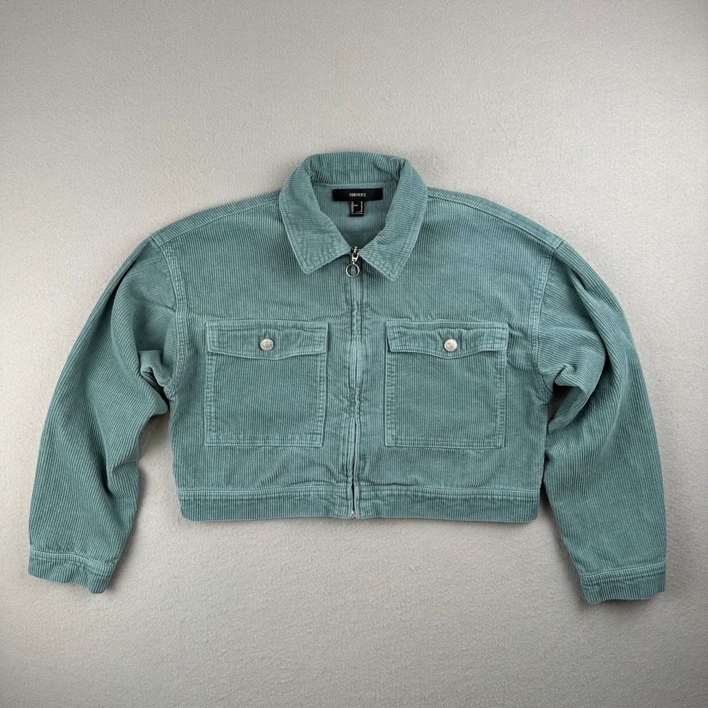 Forever 21 Corduroy Jacket Womens Medium Green Cropped Zip Up Pockets Cotton